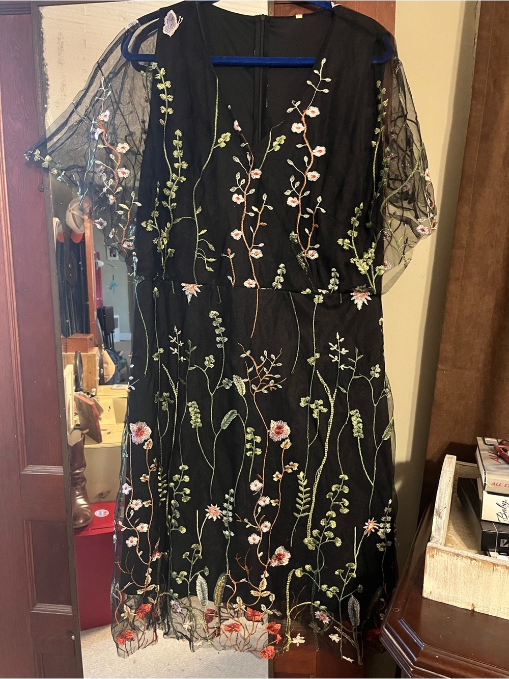 Black Floral Embroidered Sheer Layer Dress